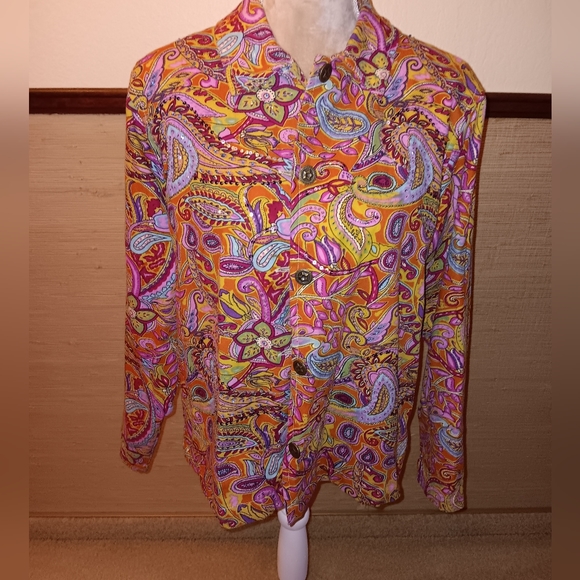 Coldwater Creek~Colorful Pink & Orange  Floral Paisley Sequin Beaded Jacket - Picture 15 of 15